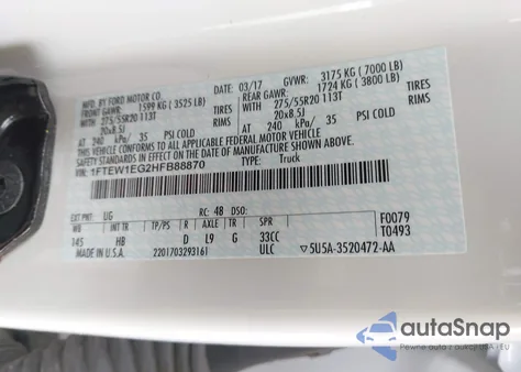 2017 Ford F-150 Lariat из США, поврежденный, VIN 1FTEW1EG2HFB88870